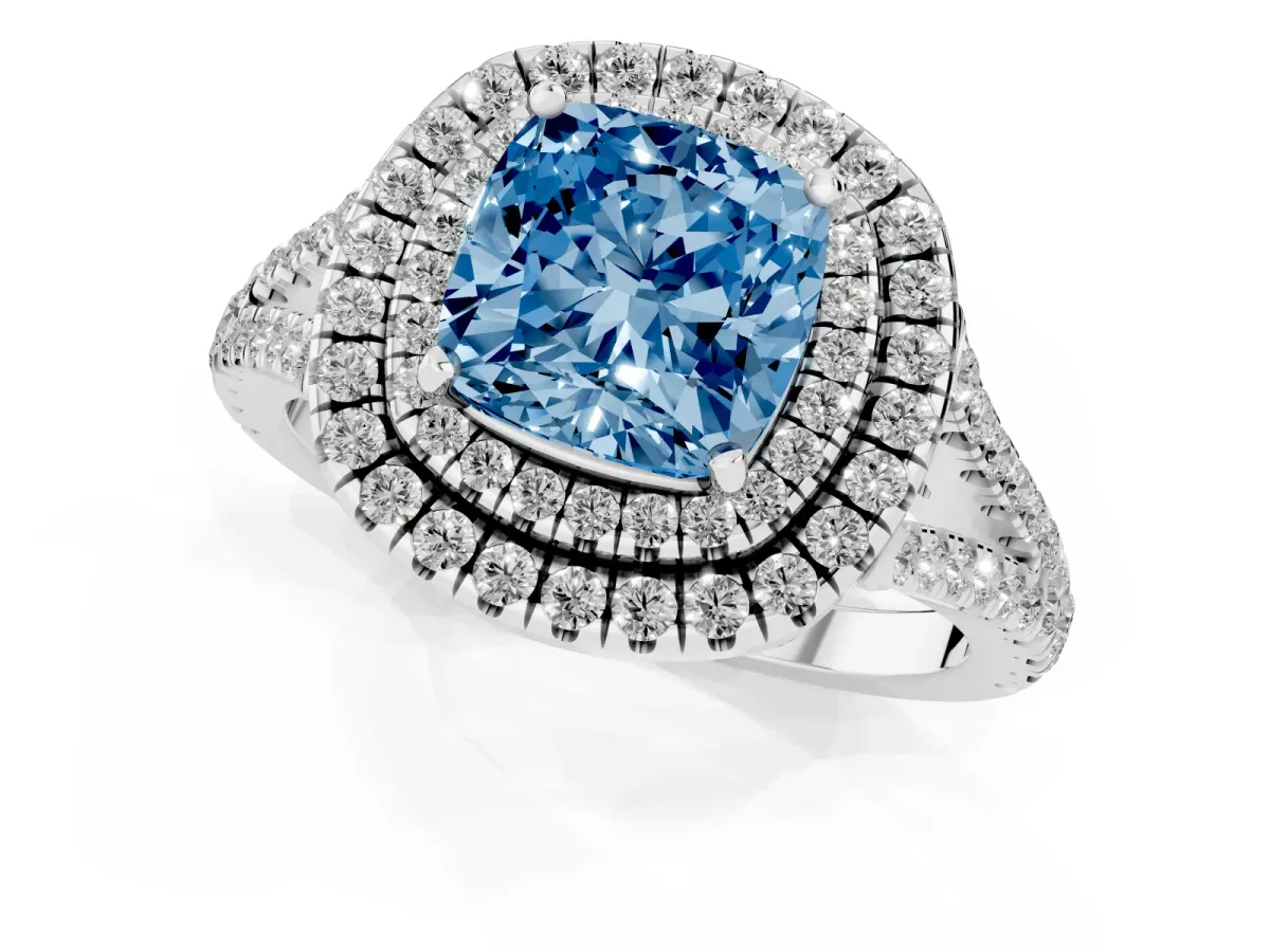 Fancy Blue Cushion Cut Diamond Double Halo Ring with Pavé Band and Prong Setting Silver