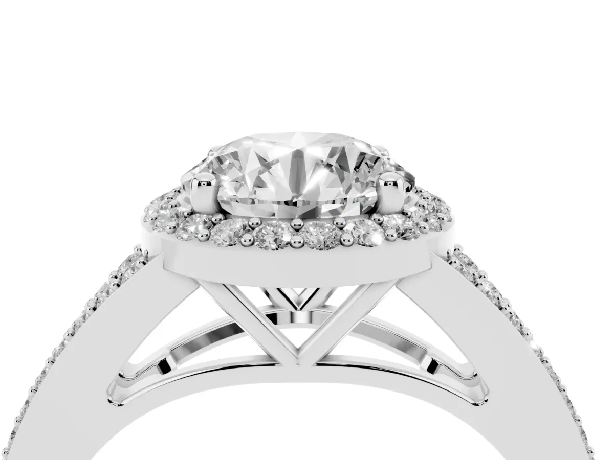 Round Cut Halo Split Shank Pave Diamond Ring with Four-Prong Setting Silver