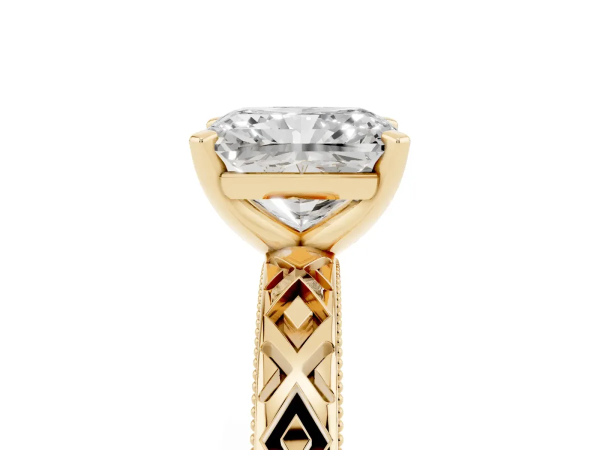 Radiant Cut Solitaire Diamond Ring with Milgrain and Black Enamel X Pattern Band Yellow gold