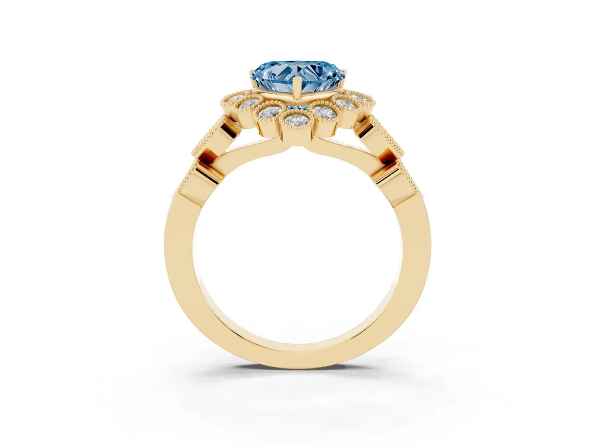 Fancy Blue Heart Cut Brilliant Milgrain Pave Heart Band Solitaire Ring Yellow gold