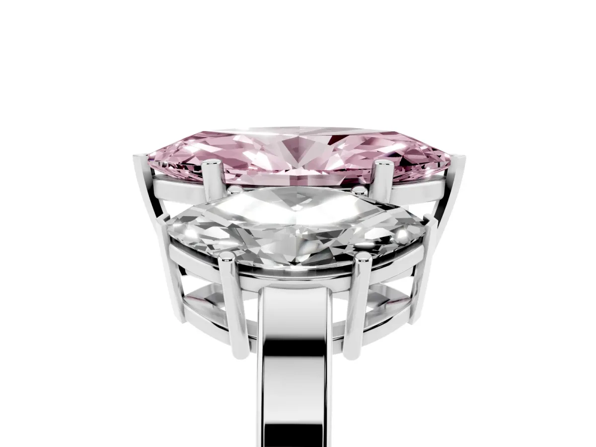 Fancy Pink Three-Stone Marquise Cut Cut Diamond Engagement Ring with Flat Band and Four-Prong Setting Silver