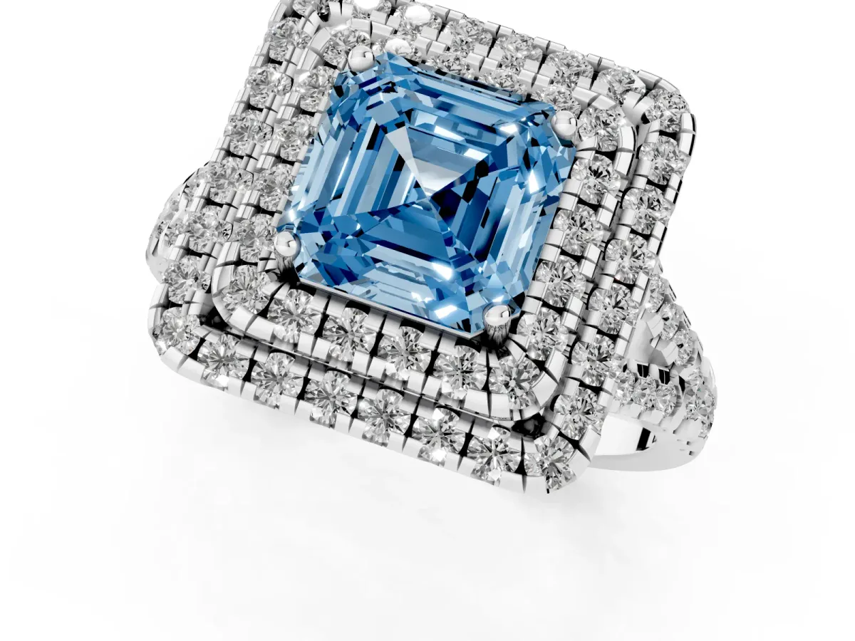 Fancy Blue Double Halo Asscher Cut Diamond Pavé Split Shank Ring with Prong Setting Platinum