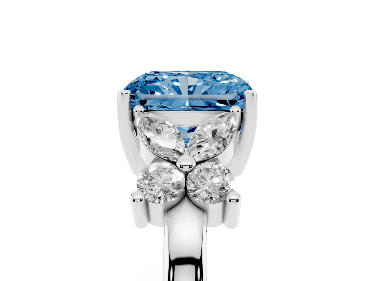 Fancy Blue Radiant Cut Diamond Floral Cluster Ring with Solitaire Band and Prong Setting White gold