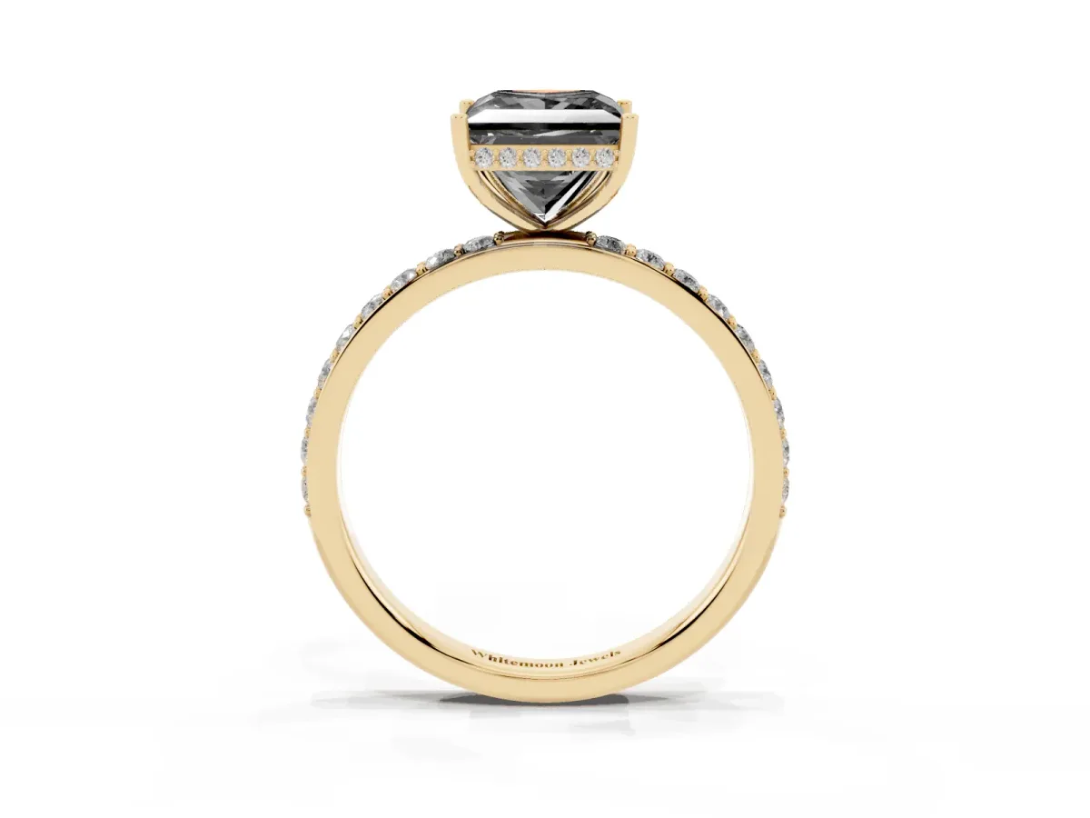 Fancy Black Princess Cut Diamond Solitaire Ring with Pavé Band and Hidden Halo Yellow gold