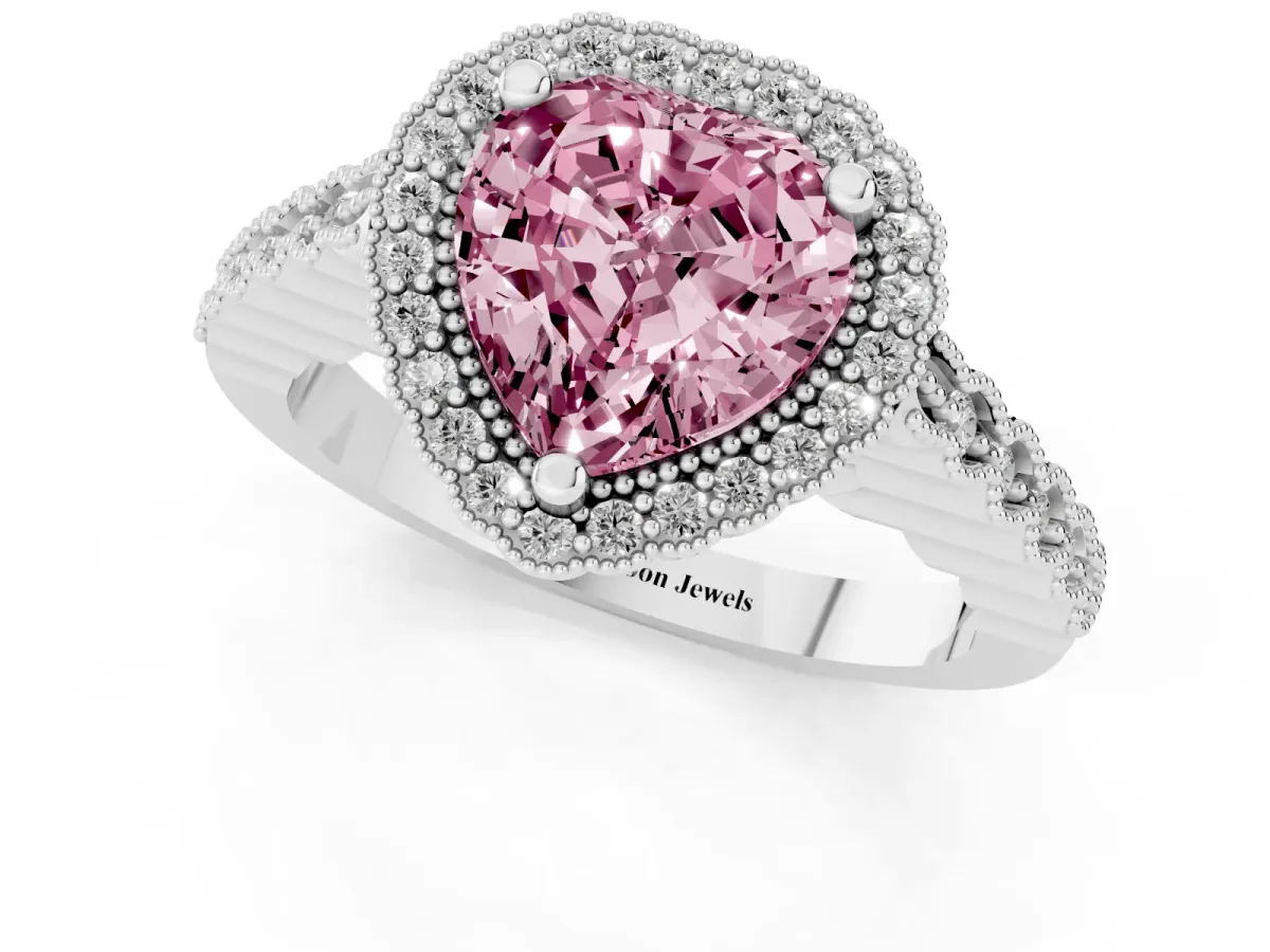 Fancy Pink Heart Cut Cut Halo Pavé Solitaire Ring with Milgrain Band Platinum
