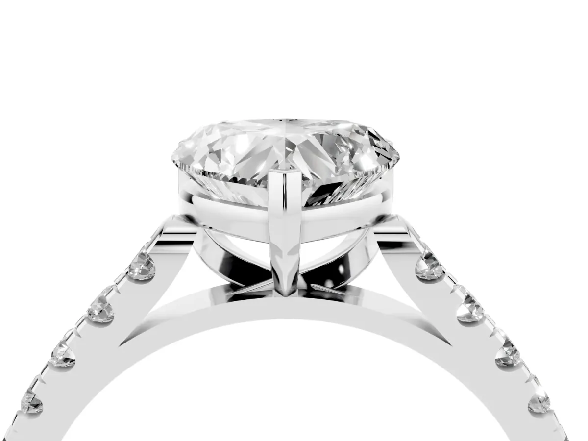 Heart Cut Diamond Pavé Band Solitaire Ring with Prong Setting Silver