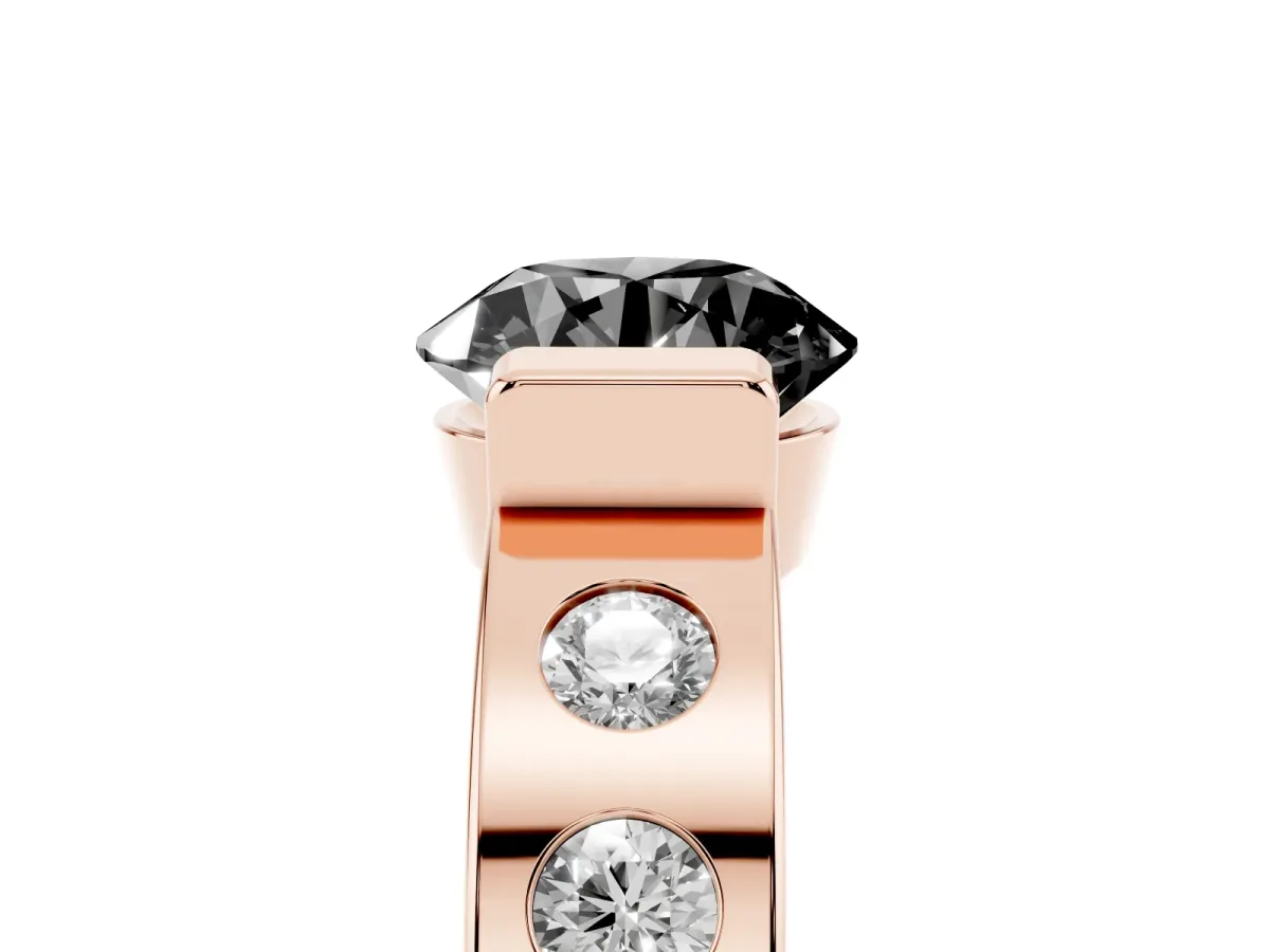 Fancy Black Round Cut Brilliant Channel-Set Diamond Ring with Bezel Prong Setting Rose gold