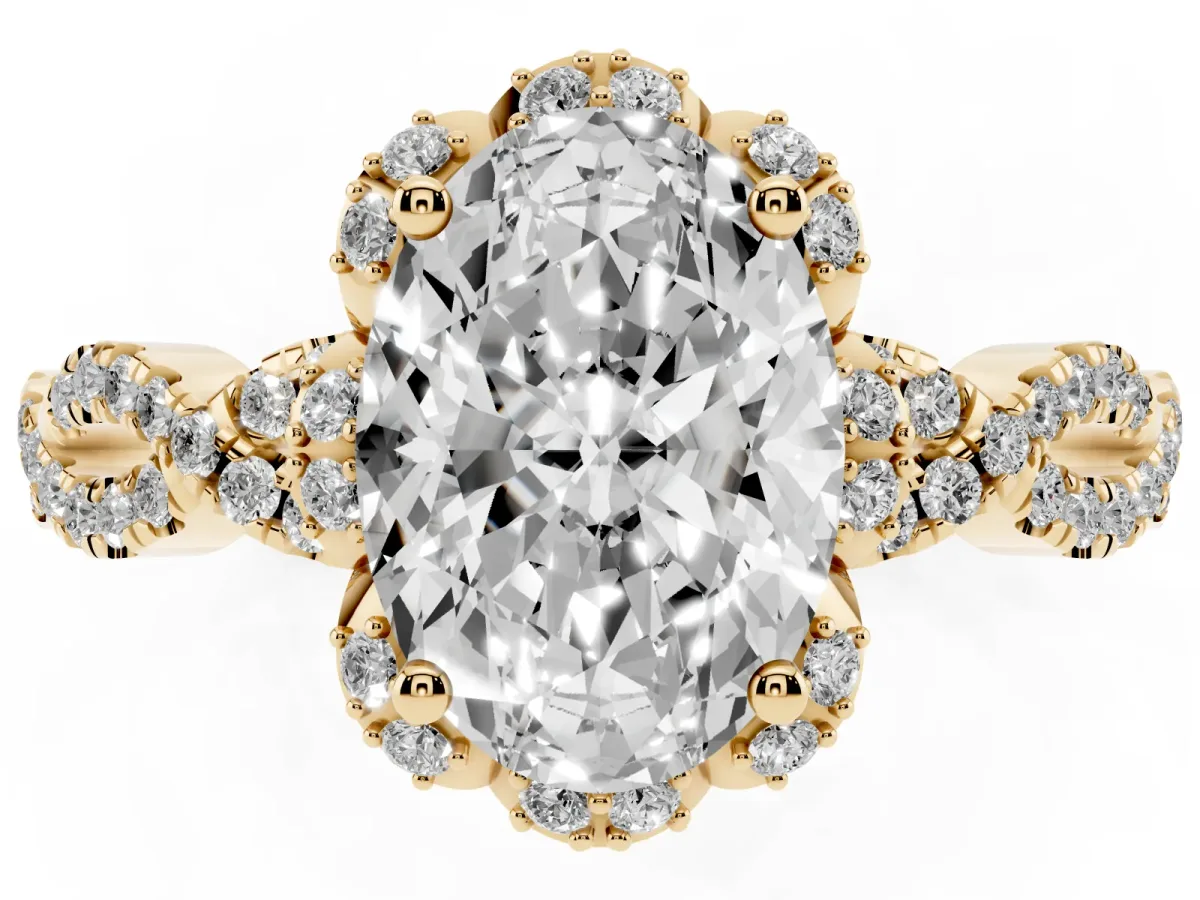 Oval Cut Halo Twist Band Solitaire Ring with Six-Prong Setting Yellow gold