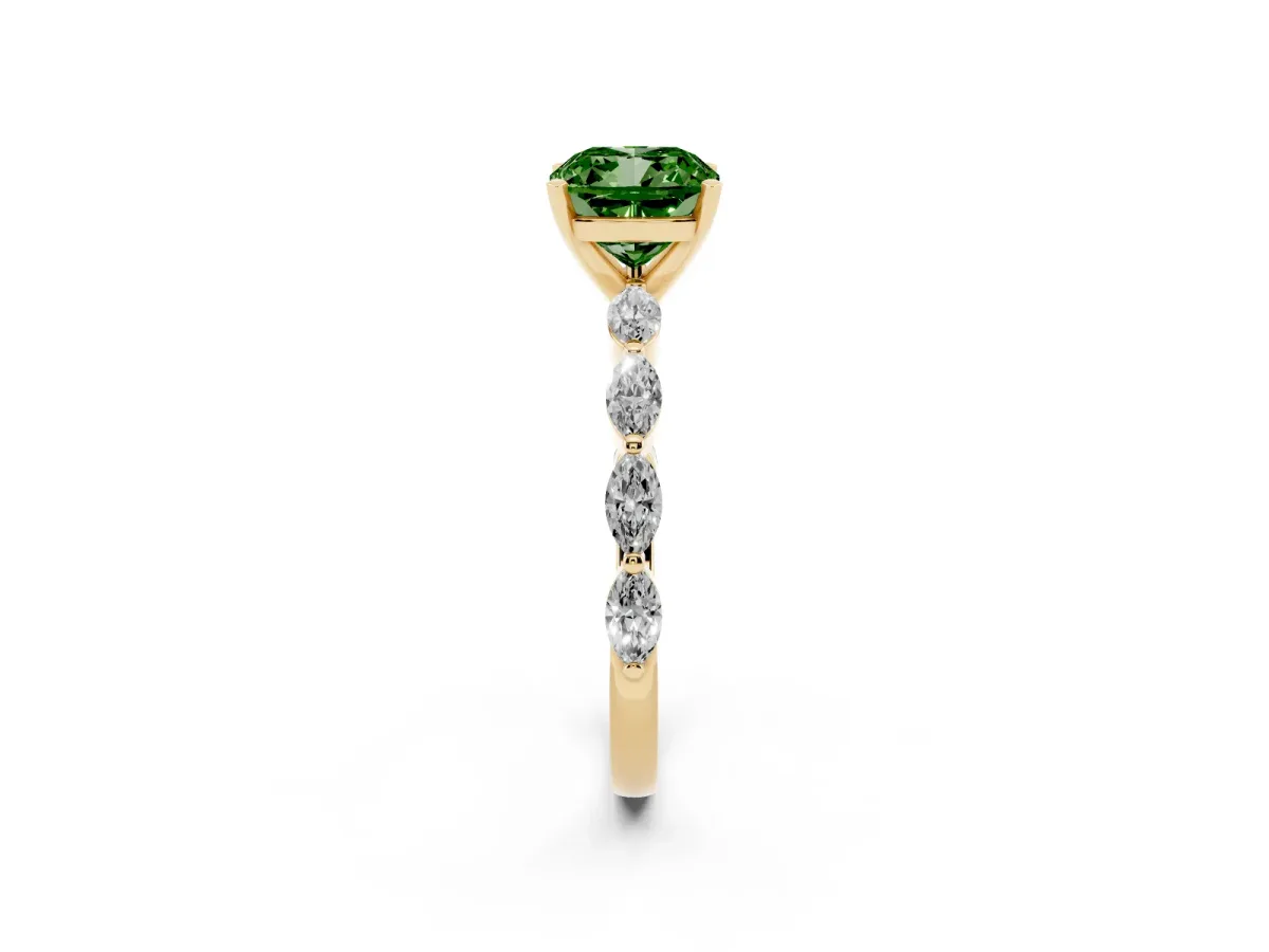 Fancy Green Cushion Cut Diamond Ring with Marquise Side Stones and Prong Setting Yellow gold