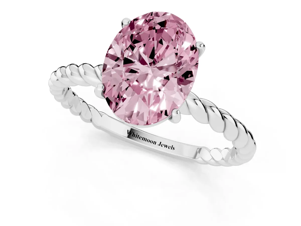 Fancy Pink Oval Cut Solitaire Twisted Band 4-Prong Ring Silver