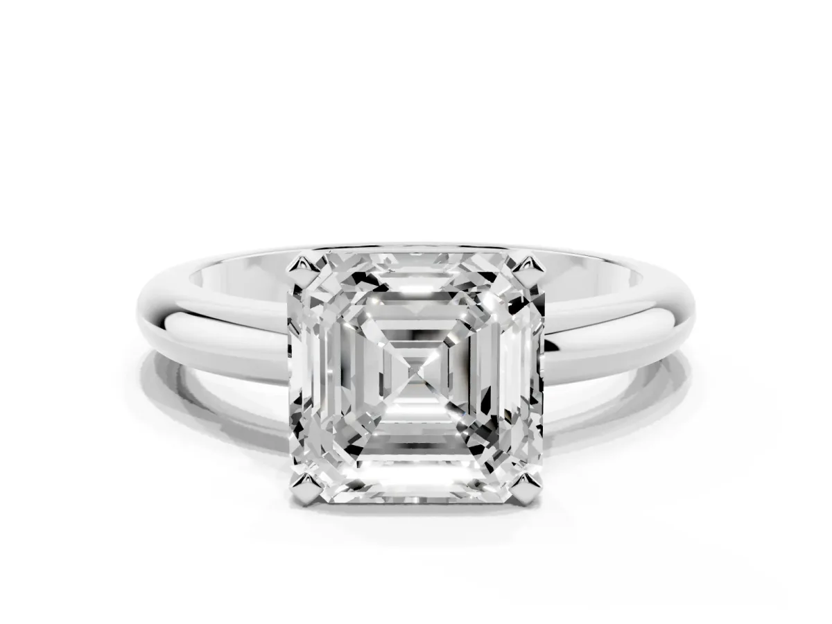 Asscher Cut Diamond Solitaire Engagement Ring with Round Band and Four-Prong Setting Silver