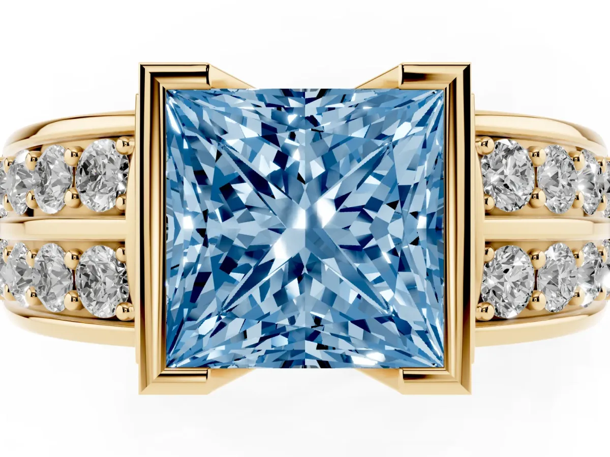 Fancy Blue Princess Cut Brilliant Diamond Channel Set Wide Band Ring with Bezel Setting Yellow gold