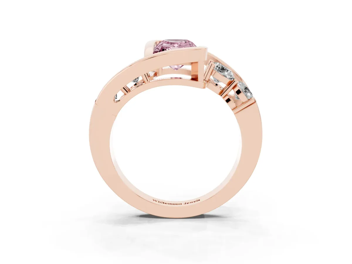 Fancy Pink Bezel Set Radiant Cut Diamond Bypass Ring with Round Accents Rose gold