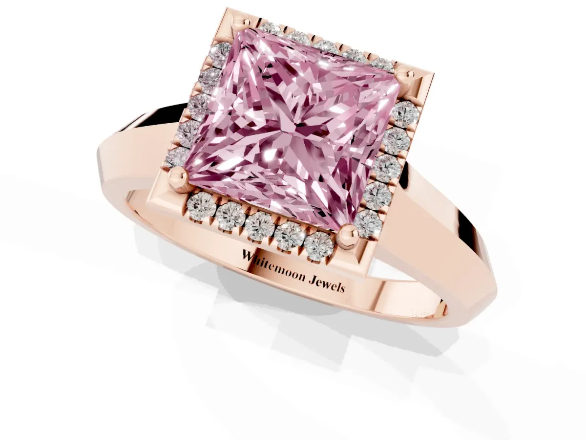 Fancy Pink Princess Cut Halo Diamond Ring with Cathedral Band and Four-Prong Setting Rose gold