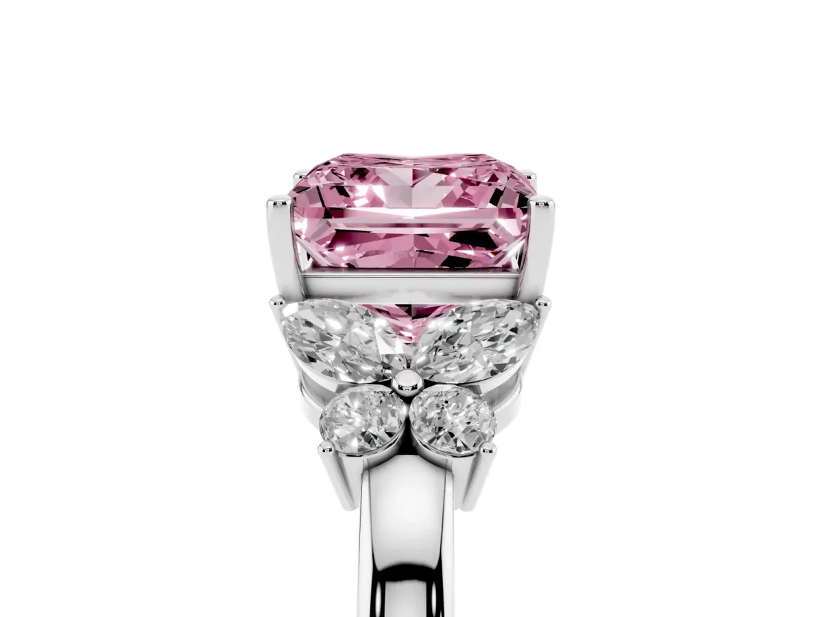 Fancy Pink Princess Cut Cut Solitaire Floral Diamond Ring with Four-Prong Setting Silver