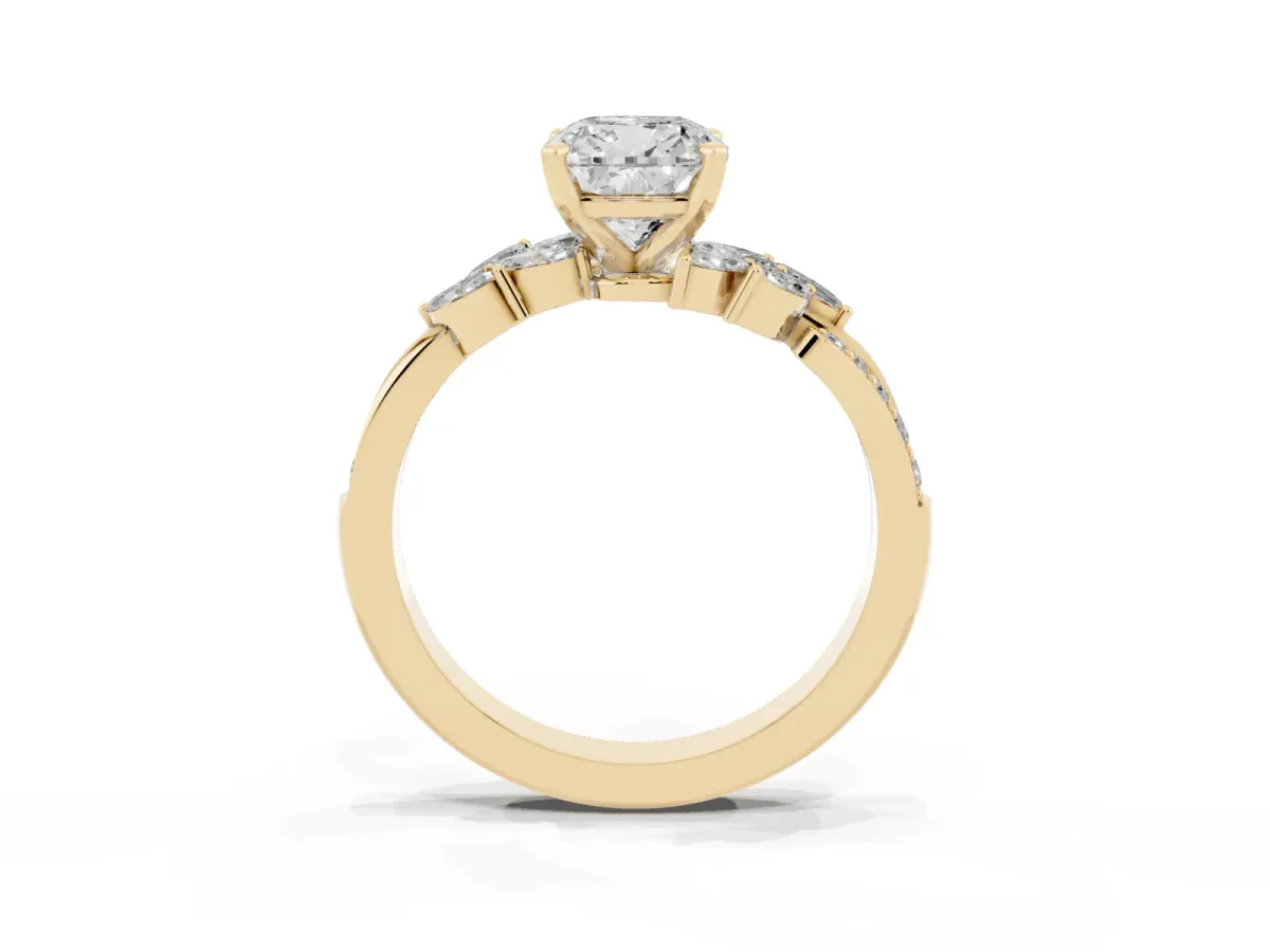 Cushion Cut Solitaire Marquise Twist Band with Six-Prong Setting Yellow gold