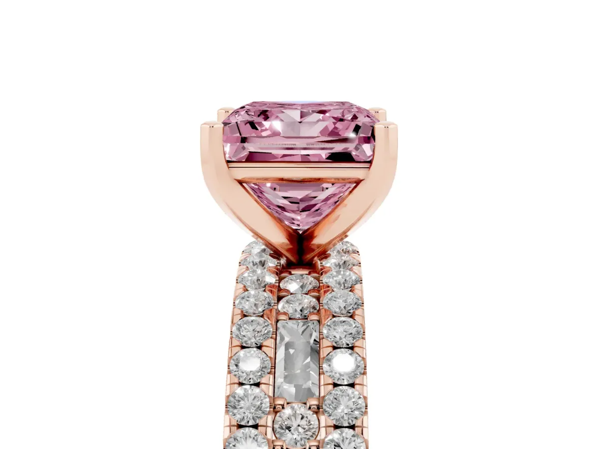 Fancy Pink Princess Cut Diamond Solitaire Ring with Pavé and Channel Set Band Rose gold