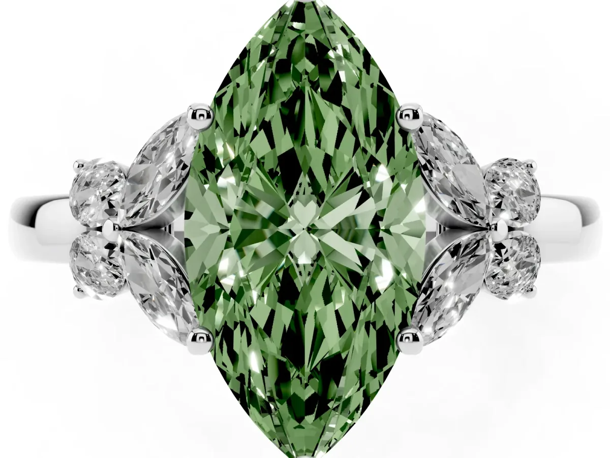 Fancy Green Marquise Cut Cut Solitaire Floral Diamond Ring with Four-Prong Setting Silver