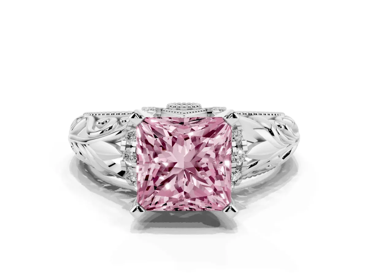 Fancy Pink Princess Cut Solitaire Filigree Engagement Ring with Halo and Prong Setting Platinum