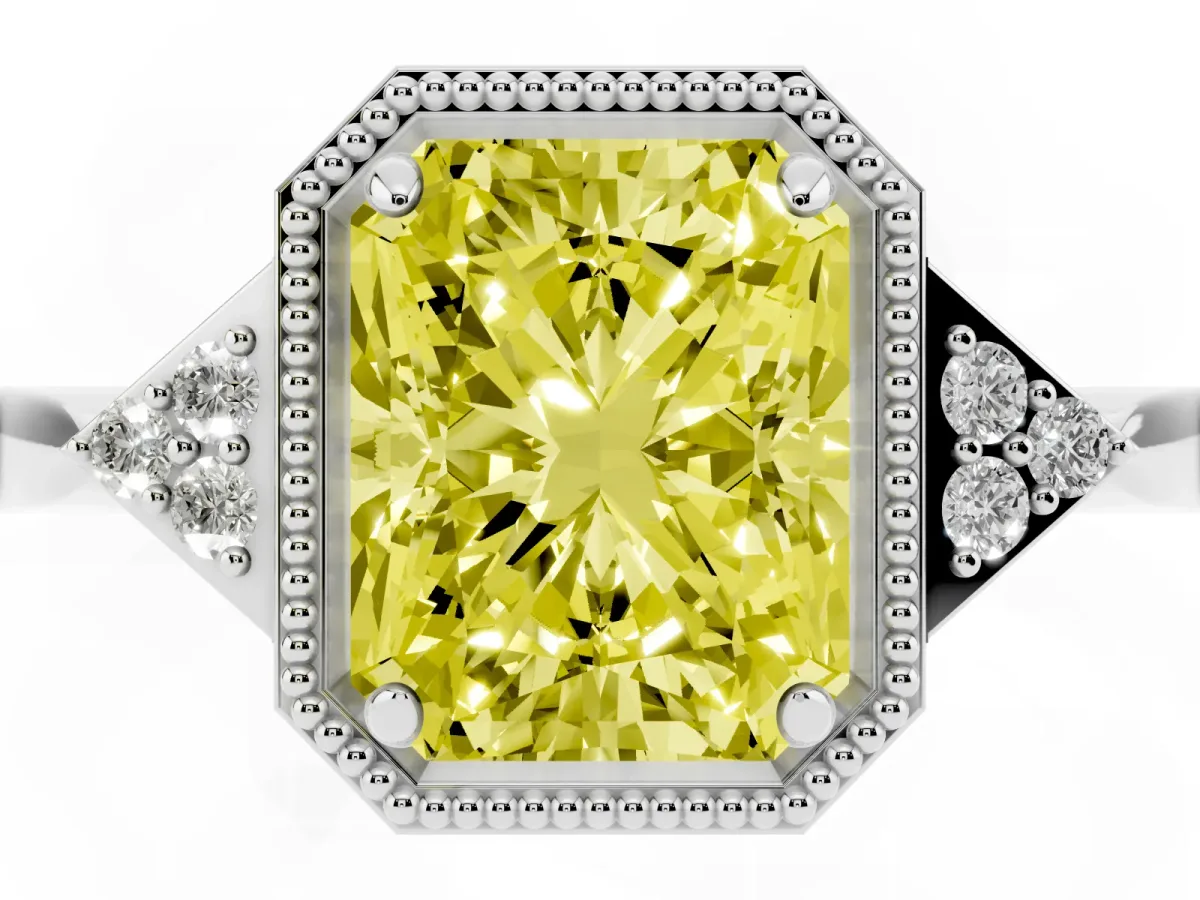 Fancy Yellow Hexagonal Halo Radiant Cut Diamond Solitaire with Pavé Band and Four-Prong Setting White gold