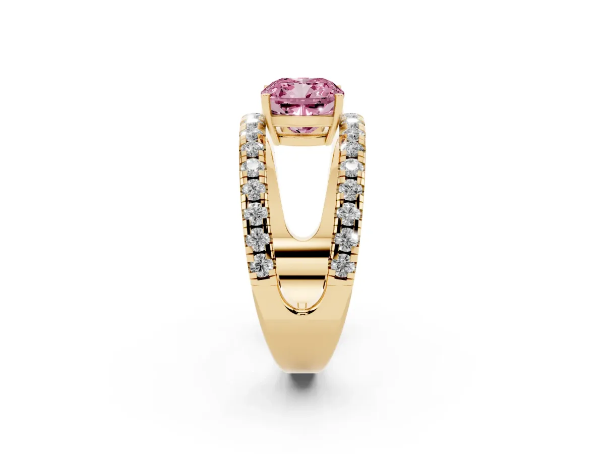 Fancy Pink Cushion Cut Solitaire Split Shank Pave Diamond Ring Yellow gold