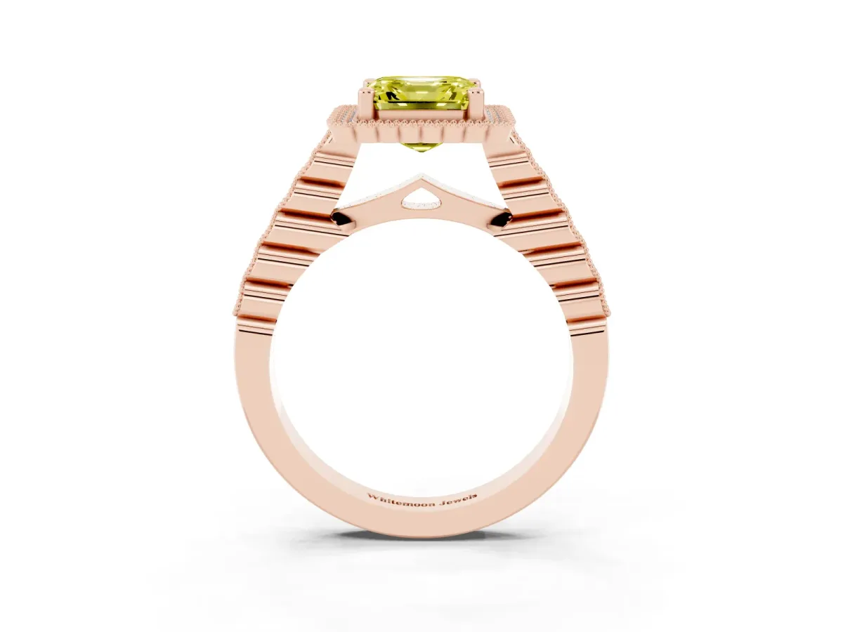 Fancy Yellow Asscher Cut Cut Halo Pavé Solitaire Ring with Milgrain Band Rose gold