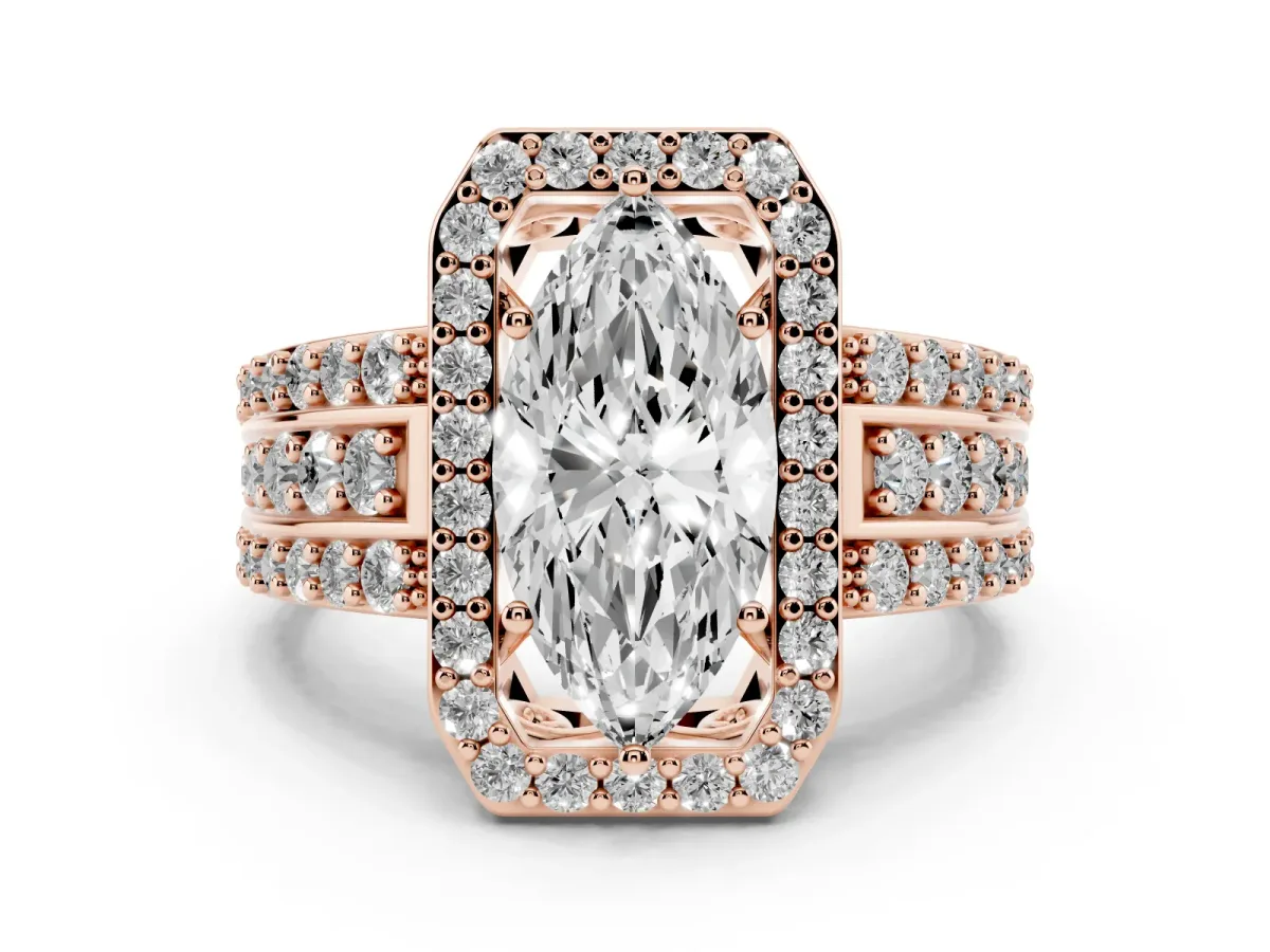 Marquise Cut Halo Diamond Ring with Round Split Shank and Prong Setting Rose gold