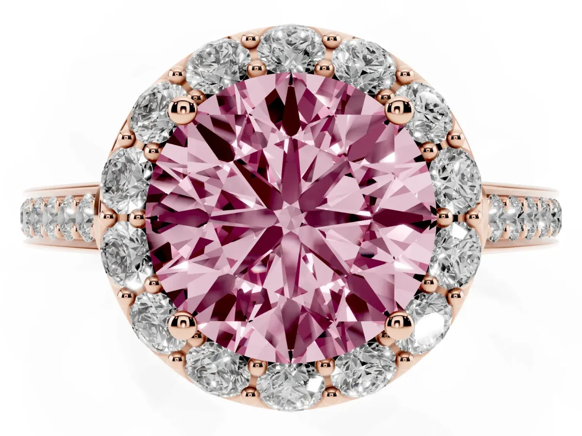 Fancy Pink Round Cut Diamond Floral Halo Ring with Pavé Band and Prong Setting Rose gold