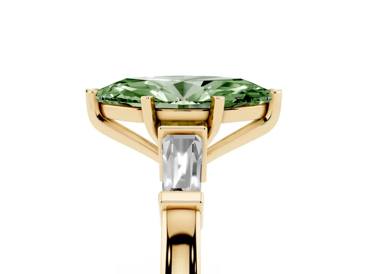 Fancy Green Marquise Cut Cut Diamond Solitaire Ring with Tapered Baguette Accents and Four-Prong Setting Yellow gold