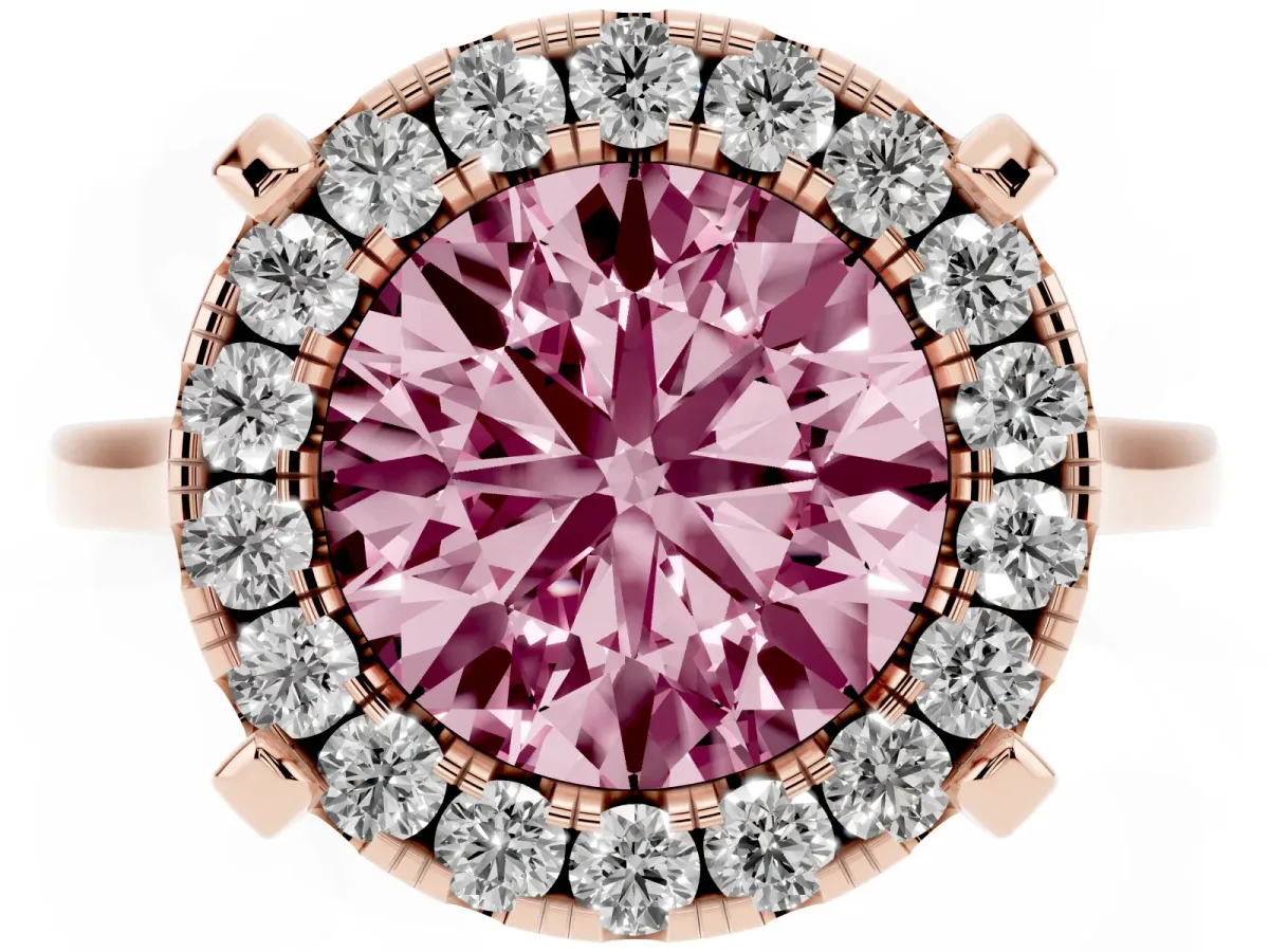 Fancy Pink Round Cut Diamond Cluster Halo Solitaire with Four-Prong Setting Rose gold