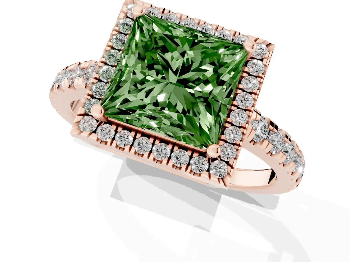 Fancy Green Princess Cut Diamond Halo Ring with Pavé Band and Four-Prong Setting Rose gold