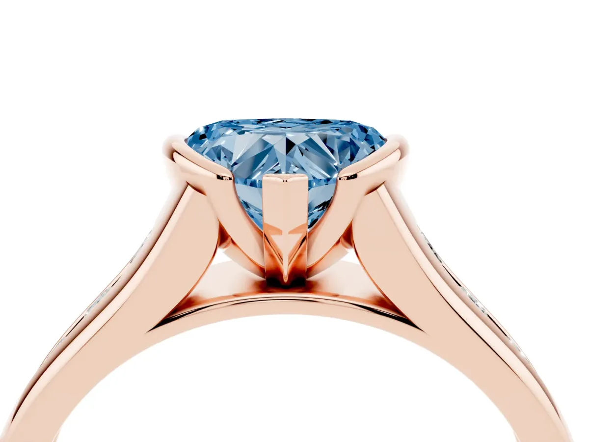 Fancy Blue Heart Cut Solitaire Bezel-Set Diamond Ring with Channel-Set Band Rose gold