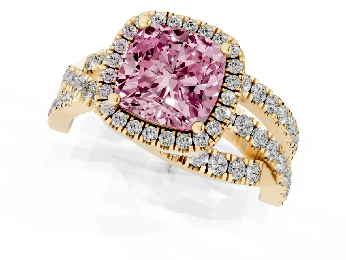 Fancy Pink Cushion Cut Diamond Halo Ring with Round Split Shank and Prong Setting Yellow gold