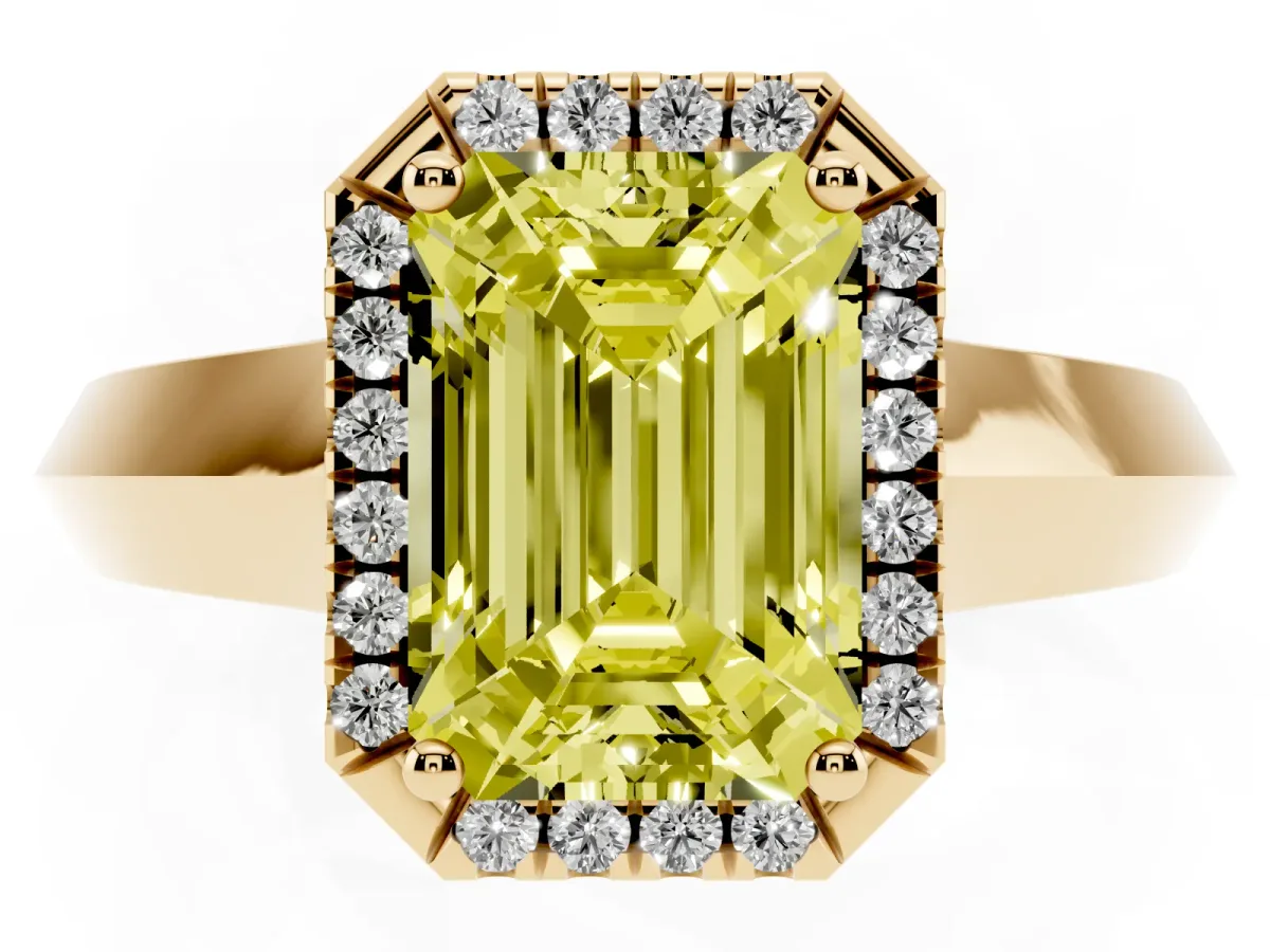 Fancy Yellow Emerald Cut Halo Diamond Ring with Cathedral Band and Four-Prong Setting Yellow gold