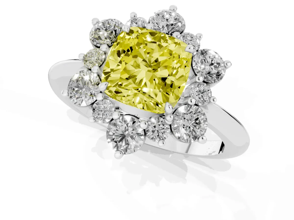 Fancy Yellow Cushion Cut Diamond Cluster Halo Ring with Solitaire Band and Four-Prong Setting Platinum