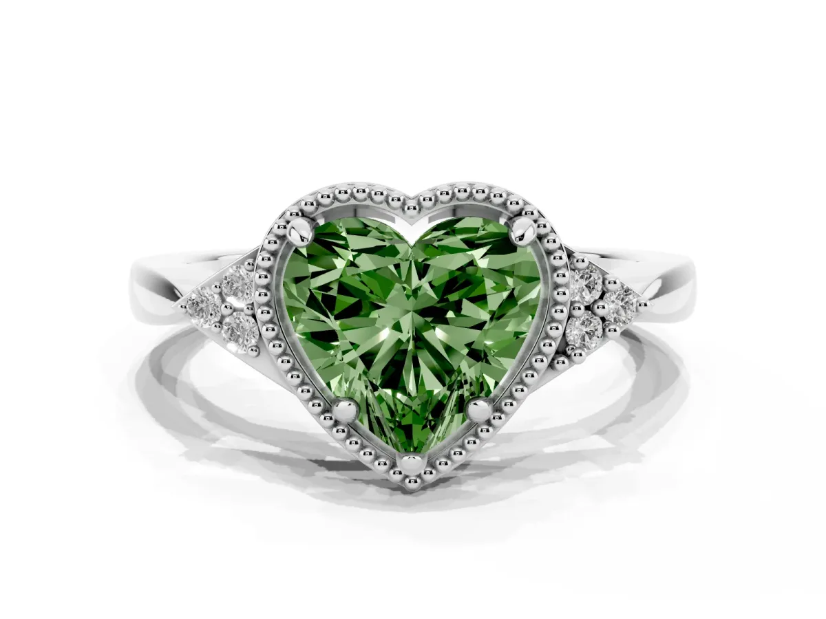 Fancy Green Heart Cut Diamond Halo Ring with Tapered Band and Four-Prong Setting Platinum
