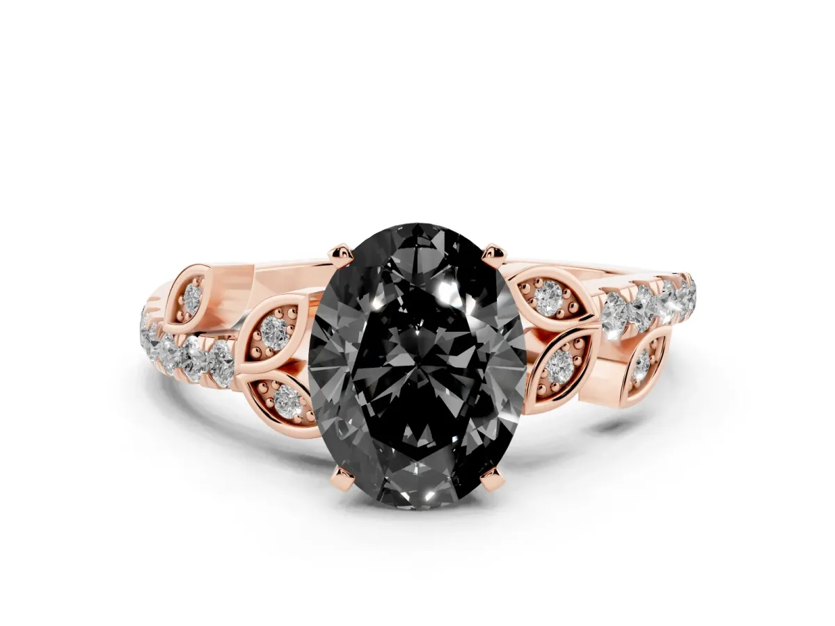 Fancy Black Oval Cut Solitaire Leaf-Inspired Diamond Ring with Pavé Band and Four-Prong Setting Rose gold