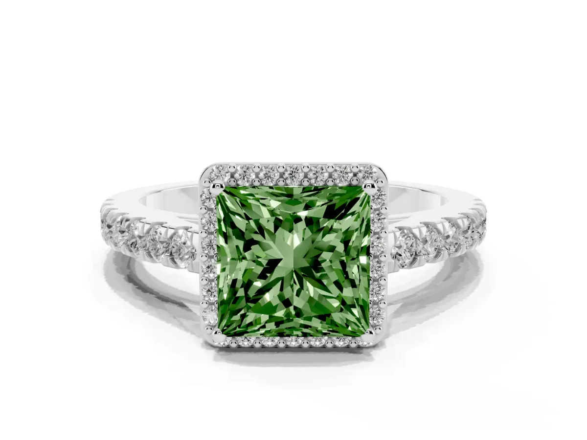 Fancy Green Princess Cut Cut Halo Diamond Engagement Ring with Pave Band and Four-Prong Setting Platinum