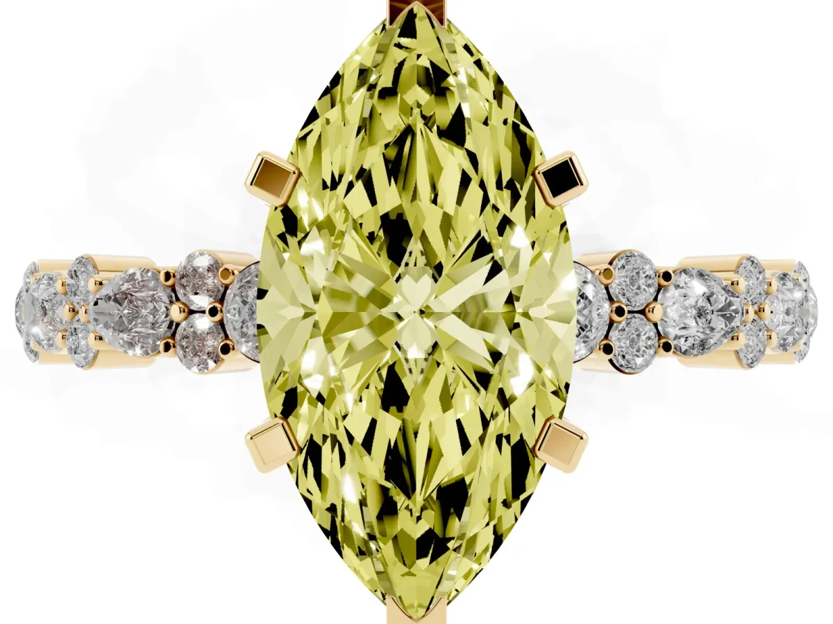 Fancy Yellow Marquise Cut Diamond Side Stone Solitaire Ring with Round and Four-Prong Setting Yellow gold