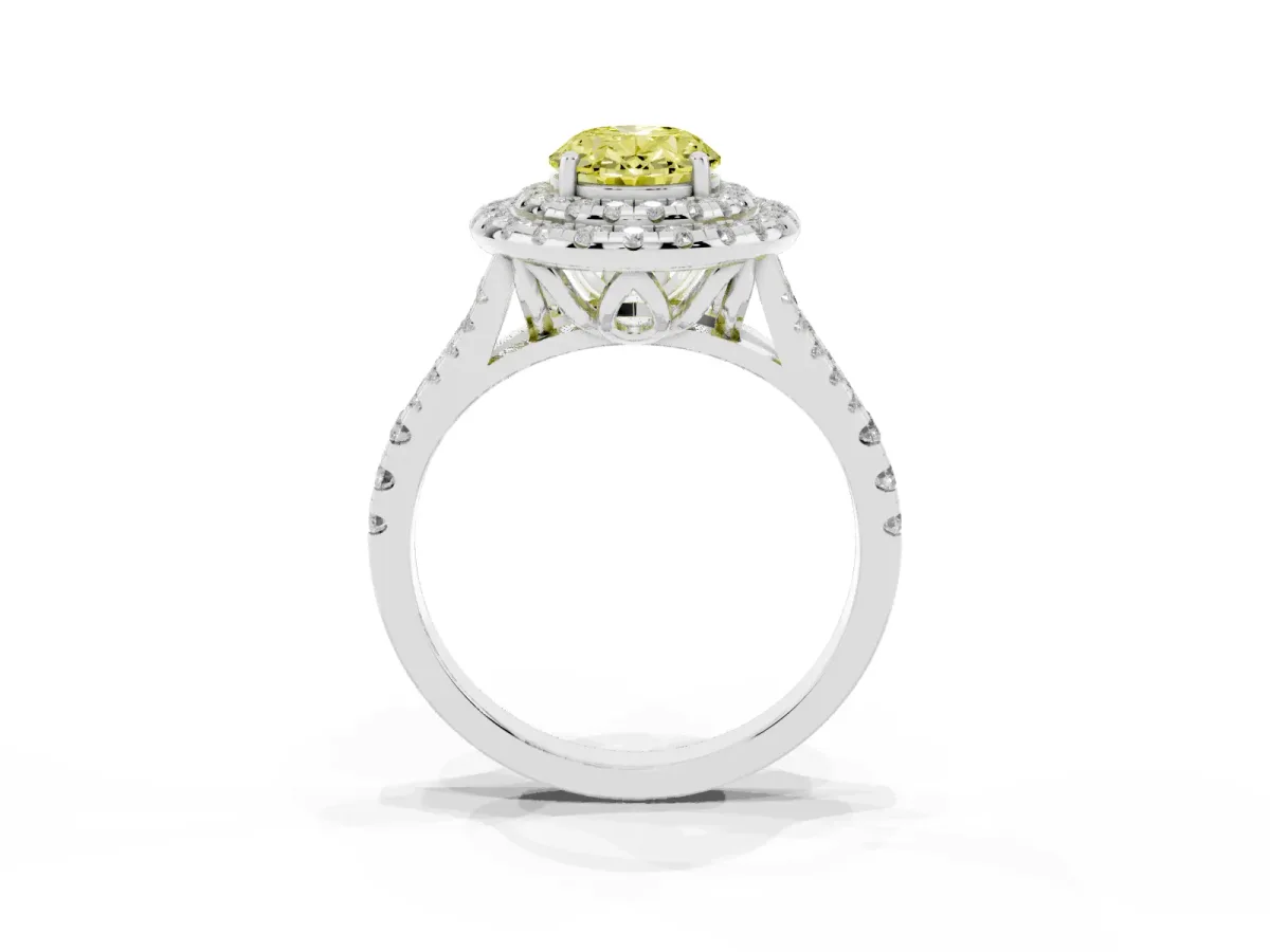 Fancy Yellow Double Halo Oval Cut Diamond Pavé Split Shank Ring with Prong Setting Platinum