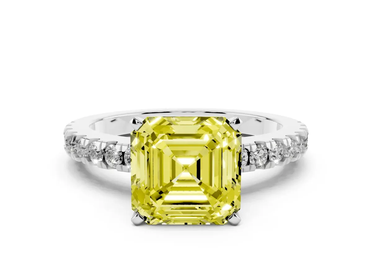 Fancy Yellow Asscher Cut Solitaire Diamond with Pavé Band and Four-Prong Setting Platinum
