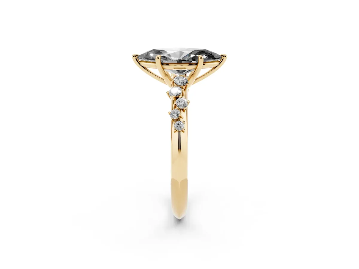 Fancy Black Marquise Cut Diamond Cluster Side Stone Solitaire Ring with Prong Setting Yellow gold