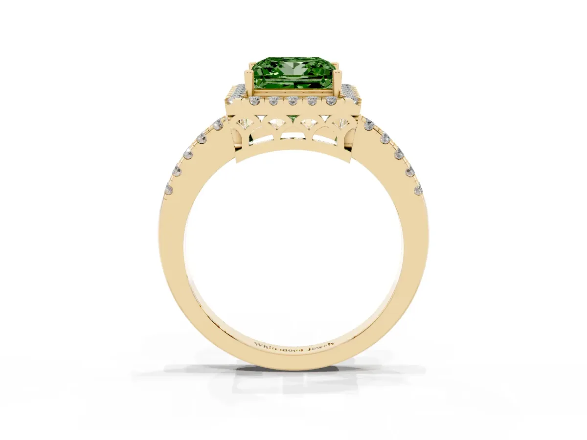 Fancy Green Princess Cut Halo Diamond Engagement Ring with Pavé Band and Four-Prong Setting Yellow gold