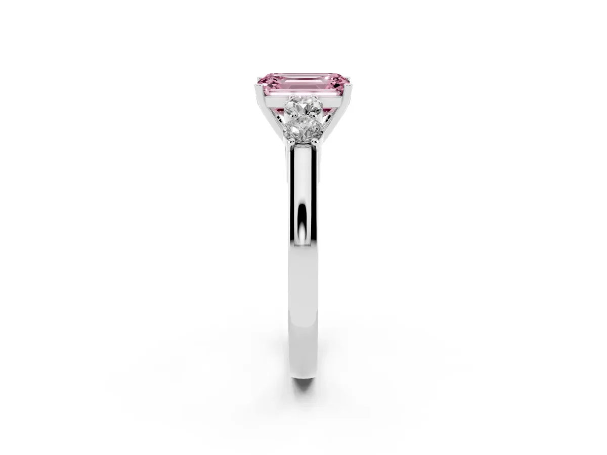 Fancy Pink Emerald Cut Cut Diamond Five-Stone Prong Set White Gold Ring Silver