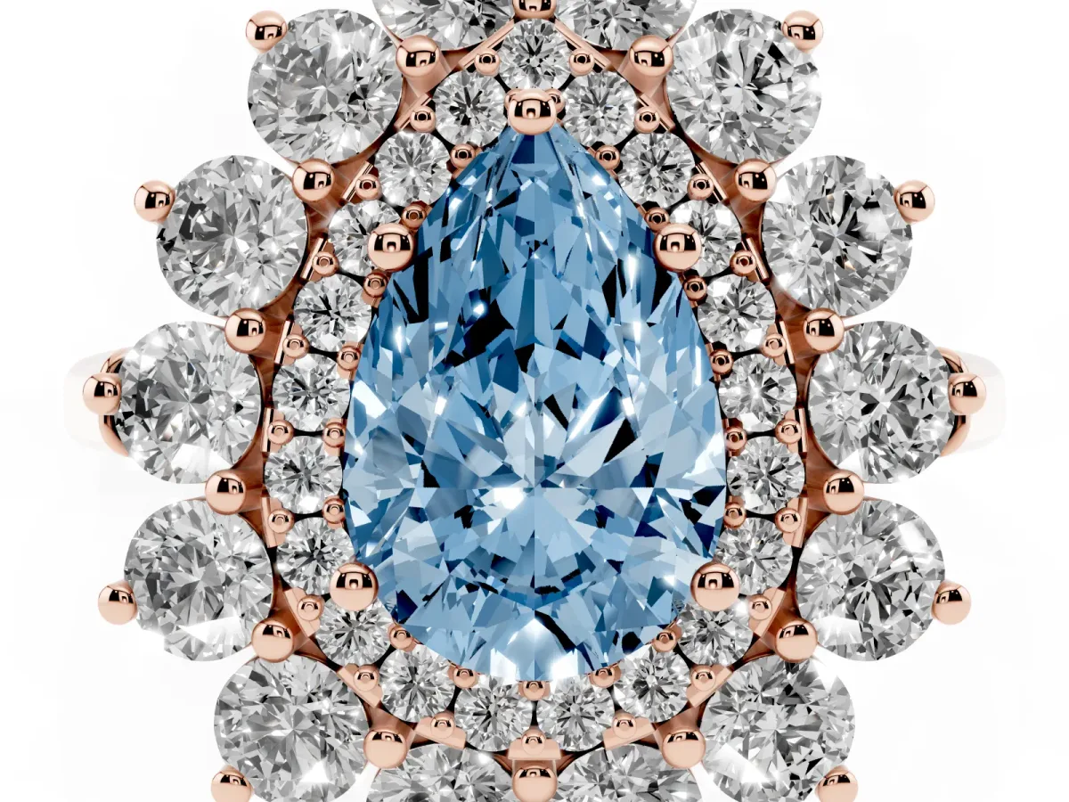 Fancy Blue Pear Cut Diamond Floral Double Halo Engagement Ring with Prong Setting Rose gold