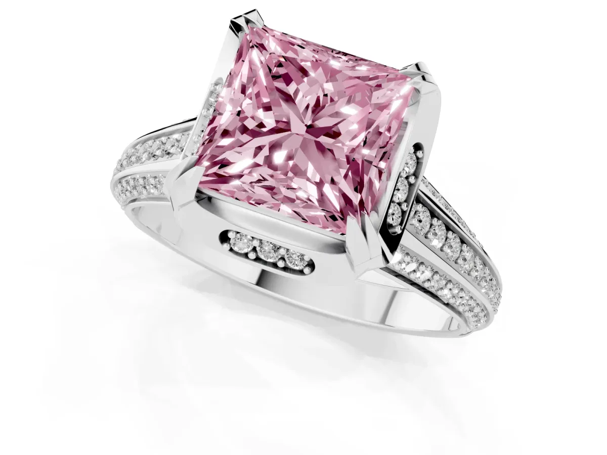 Fancy Pink Princess Cut Solitaire Pave Split Shank Ring with Four-Prong Setting Silver