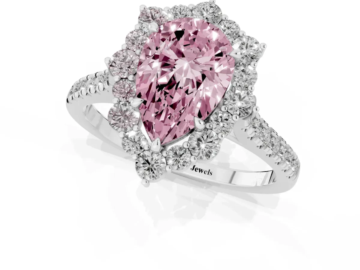Fancy Pink Pear Cut Halo Diamond Ring with Pavé Band and Prong Setting Silver