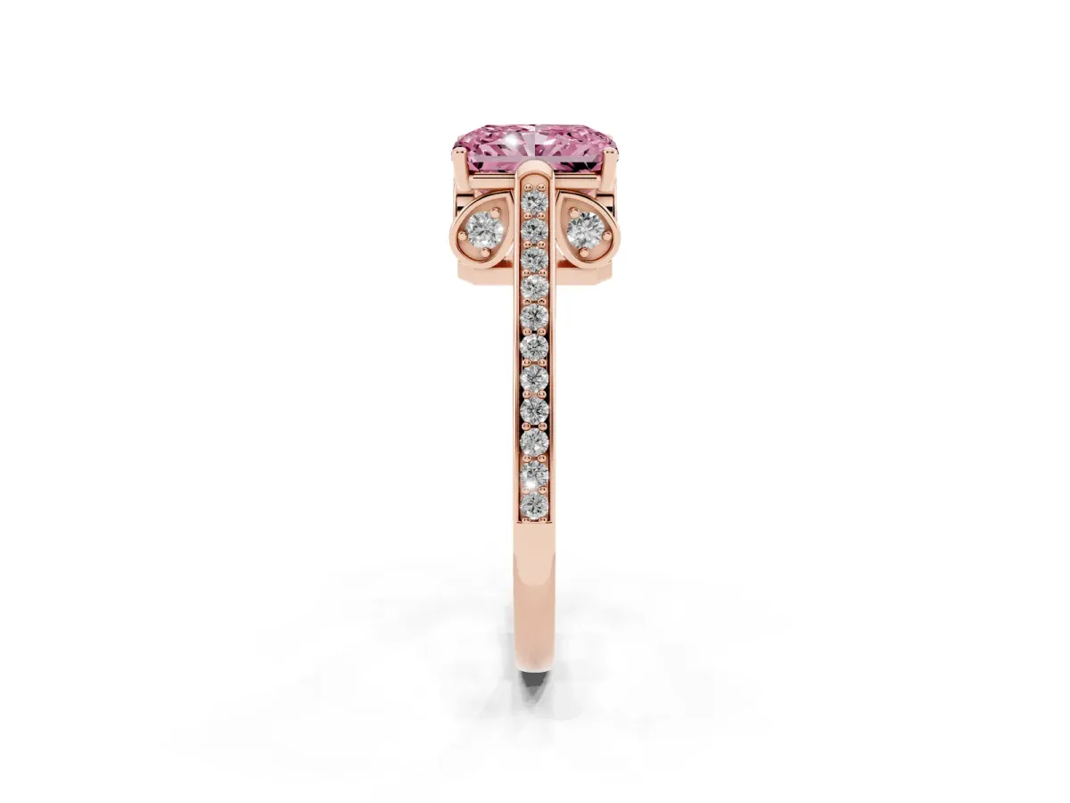 Fancy Pink Radiant Cut Cut Cathedral Pave Diamond Engagement Ring with Six-Prong Setting Rose gold