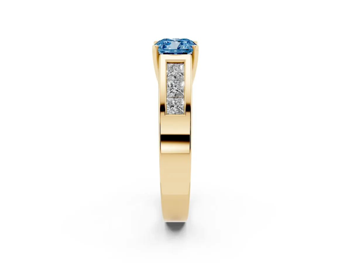 Fancy Blue Cushion Cut Cut Channel Set Solitaire Ring with Four-Prong Setting Yellow gold