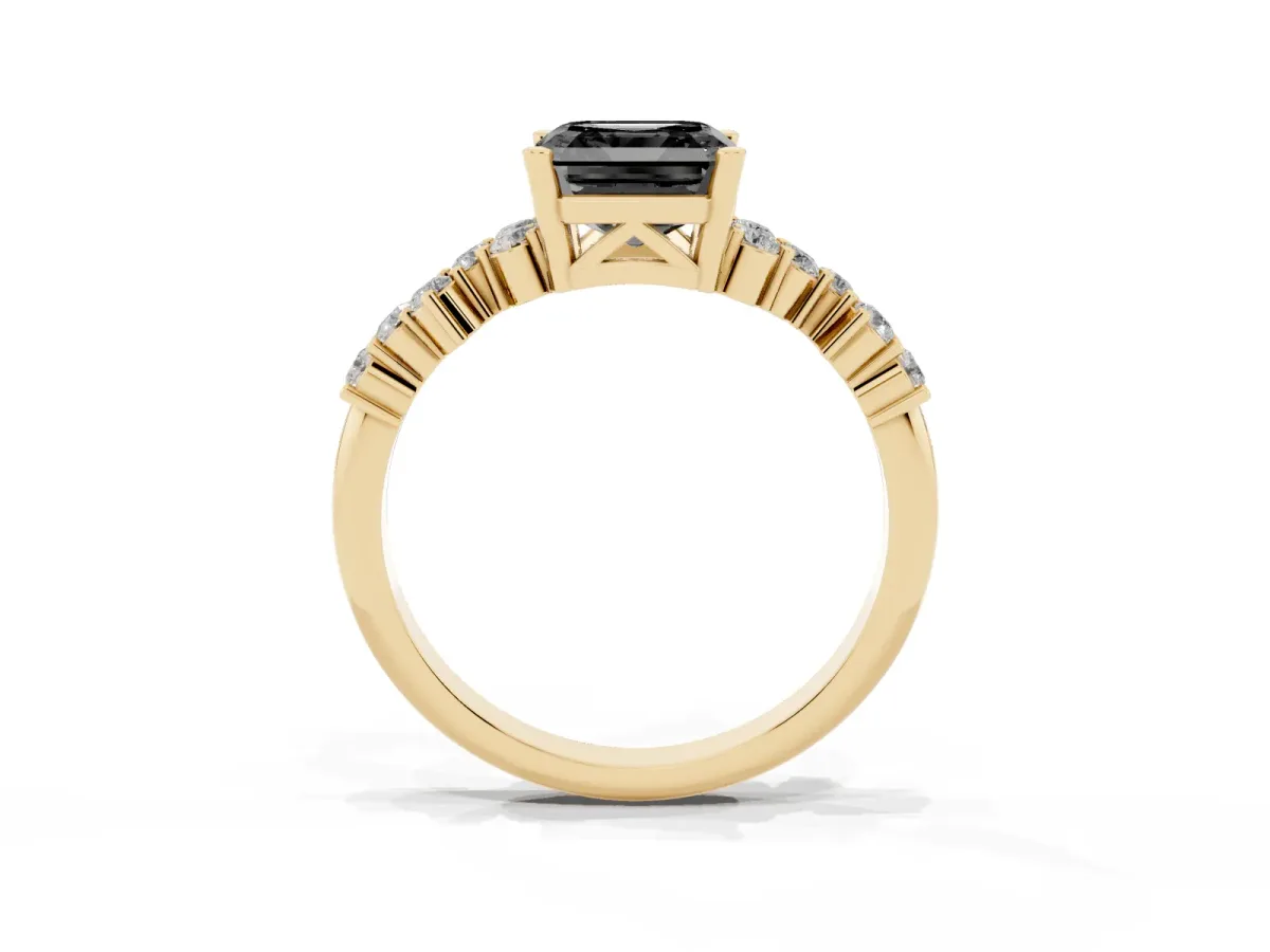 Fancy Black Asscher Cut Diamond Scattered Round Accent Ring with Prong Setting Yellow gold
